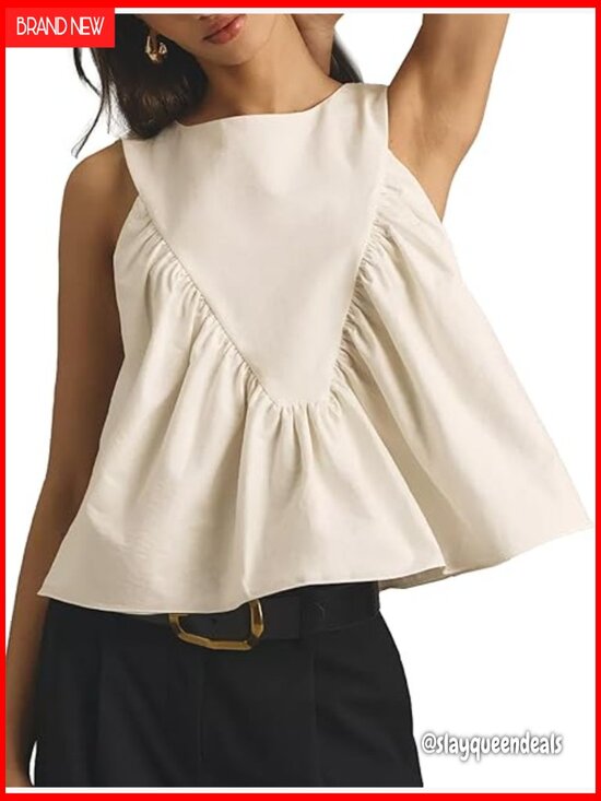Tops - Peplum Babydoll Top Shirred Swing Tank Tops Pleated Flowy Loose Fit Ruffled Vest